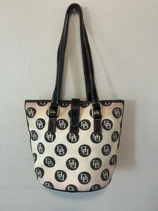 Dooney & Bourke Canvas Monogram Bucket Tote Bag Pink Lining Leather Trim Vintage - Picture 2 of 15